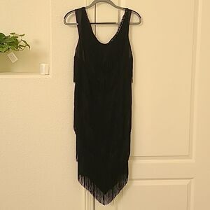 Target Sequins Fringe black Dress glam M v neck Sleeveless bold festival boho
